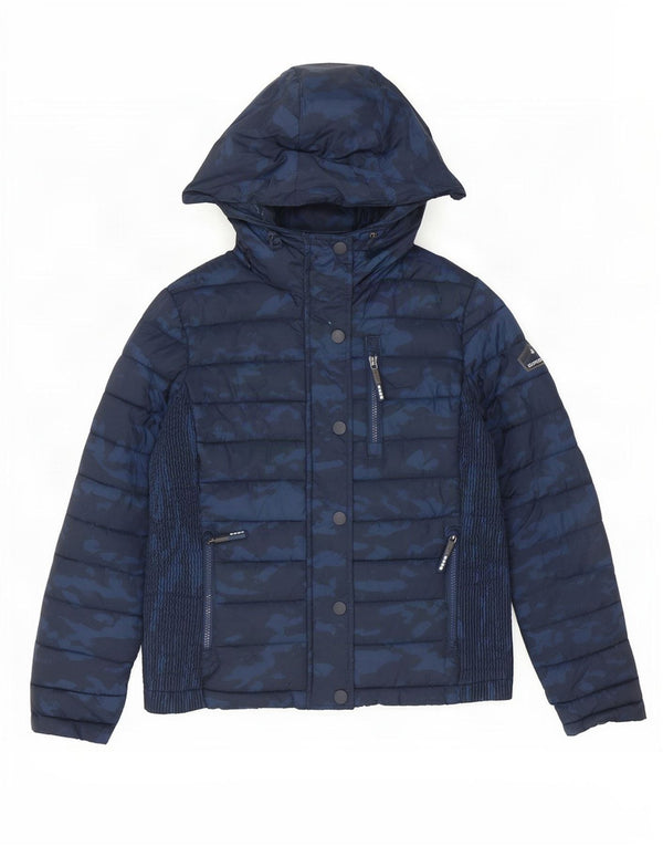 Superdry Womens Hooded Padded Jacket UK 16 Large Navy Blue Camouflage