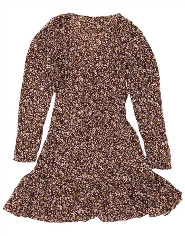 ZARA langærmet slå-om-kjole til kvinder UK 6 XS Brown Floral