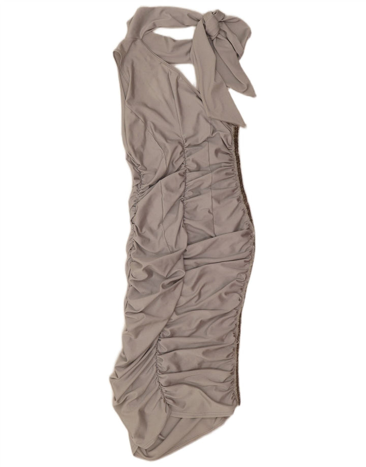 Vintage Kvinder One Shoulder Kjole UK 12 Medium Sølv Polyamid