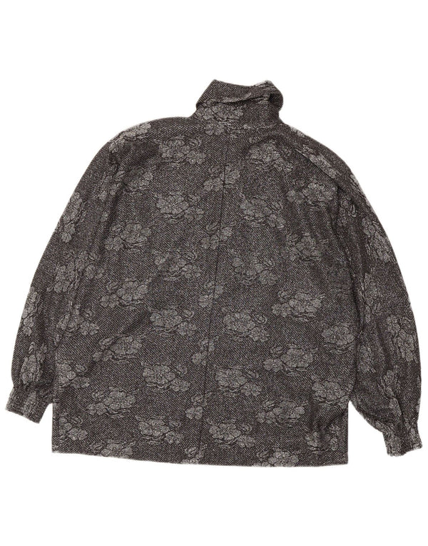 Vintage Dame se Gennem Langærmet Bluse Top UK 18 XL Black Floral