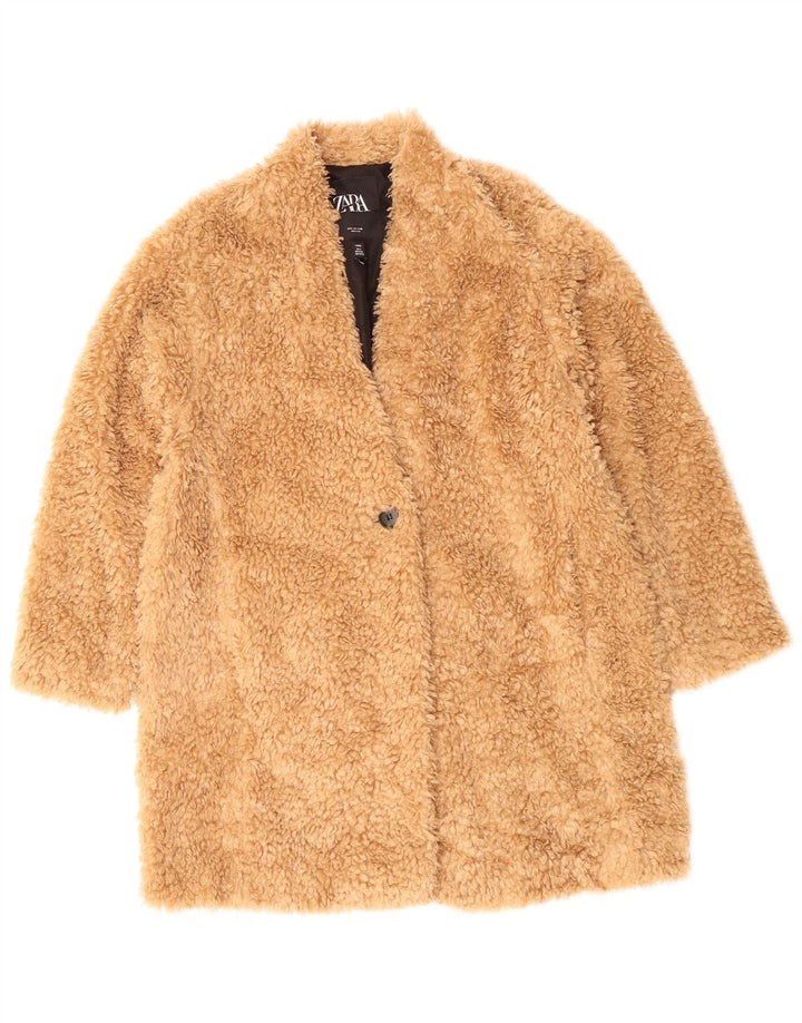 ZARA Damebamse imiteret Pelsoverfrakke UK 16 Stor Beige Polyester