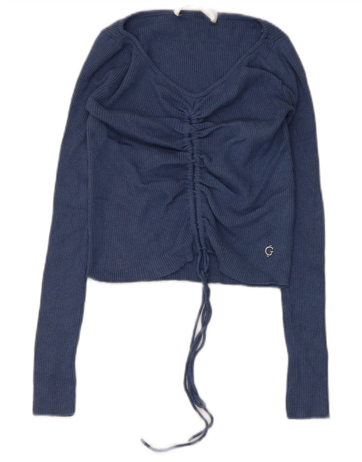 Guess Womens Crop Top Langærmet UK 4 XS Navy Blue Polyamid