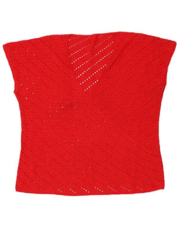 Vintage Dame Kortærmet V-hals Jumper Sweater UK 12 Medium Rød