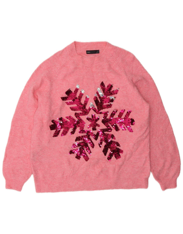 Marks & Spencer Womens Graphic Crew Neck Jumper Sweater UK 14 Medium Pink