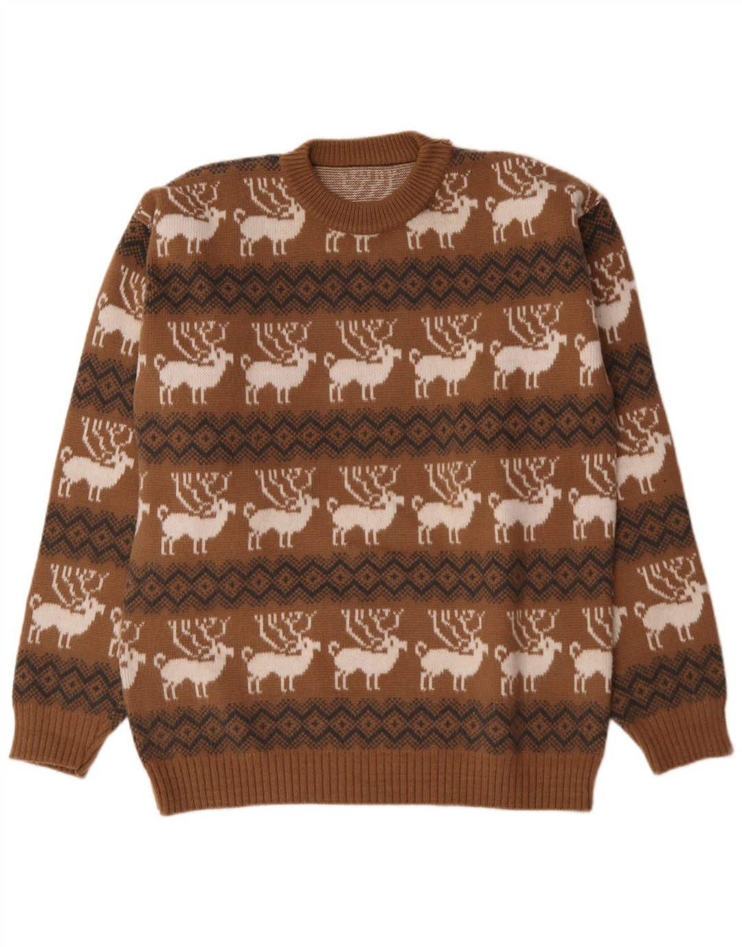 Vintage herre sweater med rund hals, stor brun Fair Isle