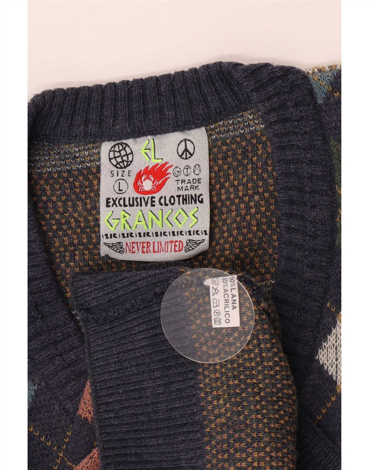 Vintage Herre V-hals trøje Sweater Large Navy Blue Argyle/Diamond Wool