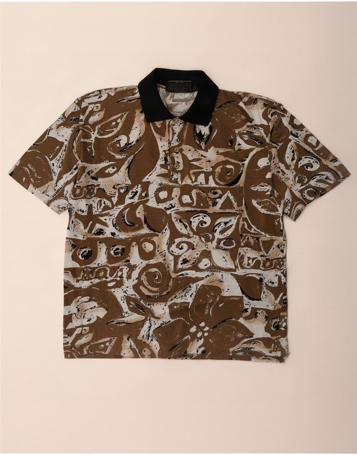 Vintage poloshirt med abstrakt mønster til mænd, stor brun flækket