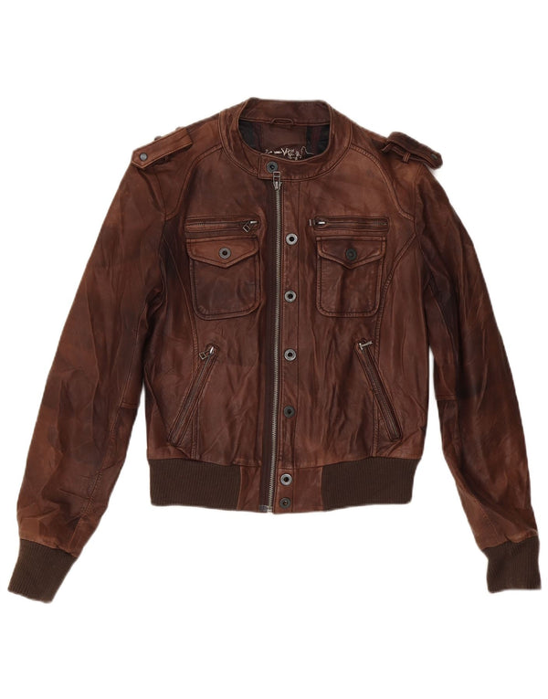 Vintage Military læderjakke til drenge 11-12 år XL brunt læder