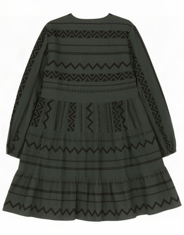 Zara Langærmet tiered kjole til kvinder UK 10 Small Green Chevron