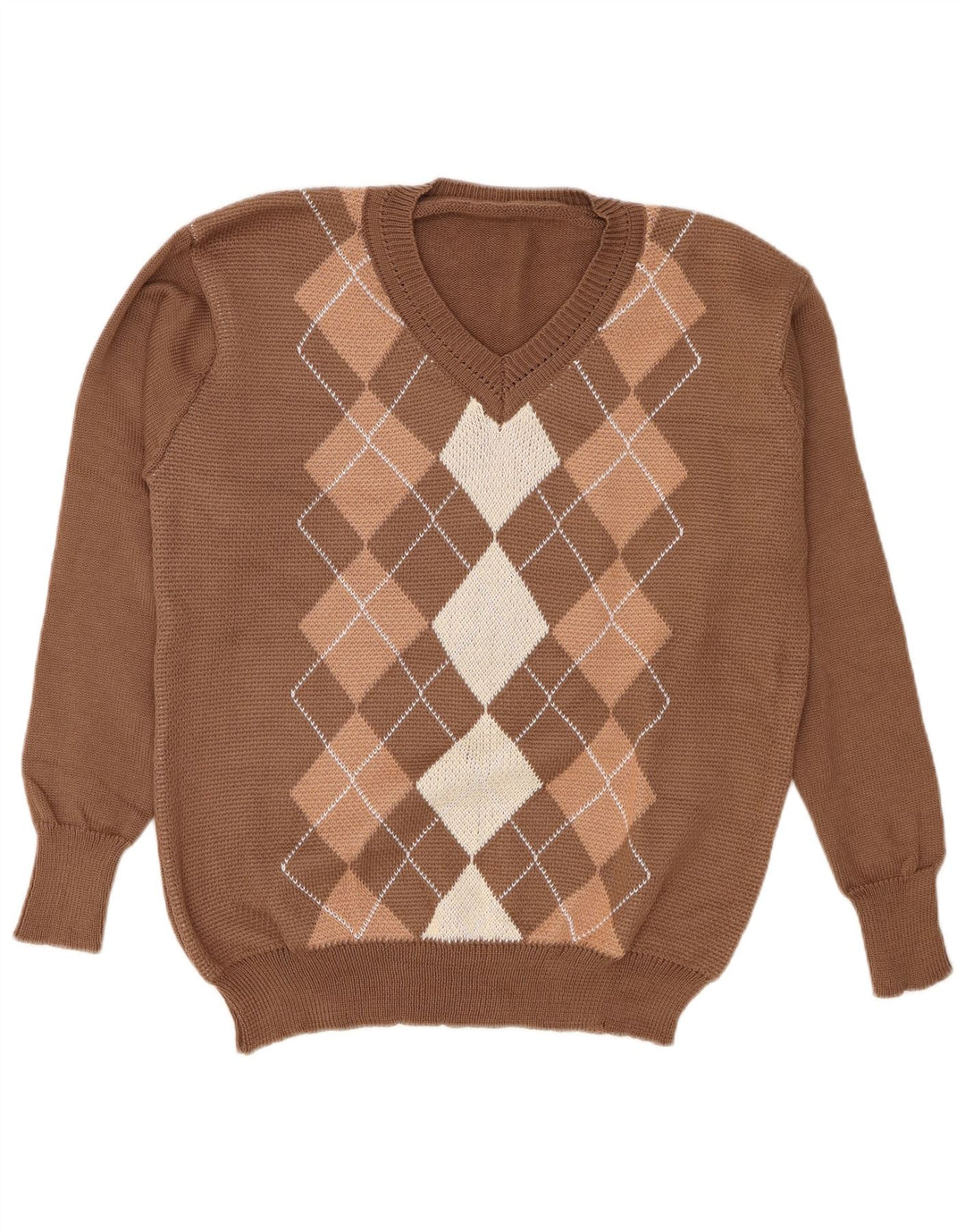 Vintage dame V-hals sweater stor brun Argyle/diamant polyester