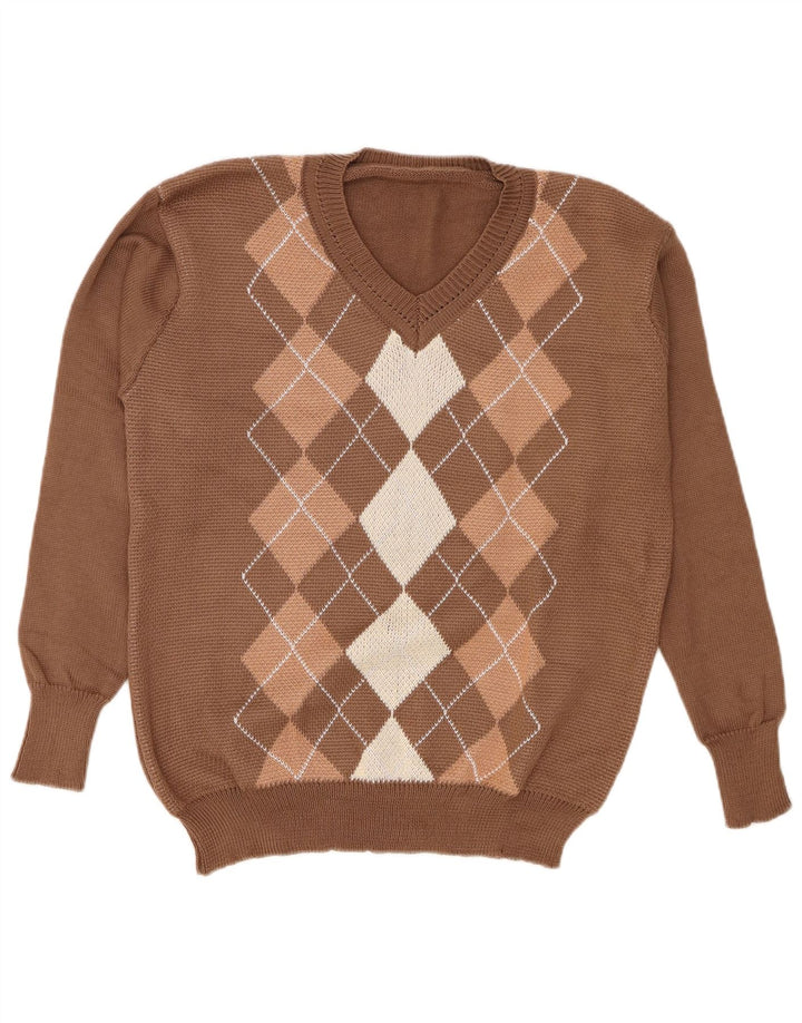 Vintage dame V-hals sweater stor brun Argyle/diamant polyester