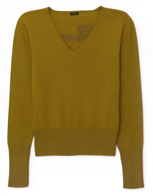 Guess Dame grafisk V-hals sweater UK 16 Medium Green Viscose