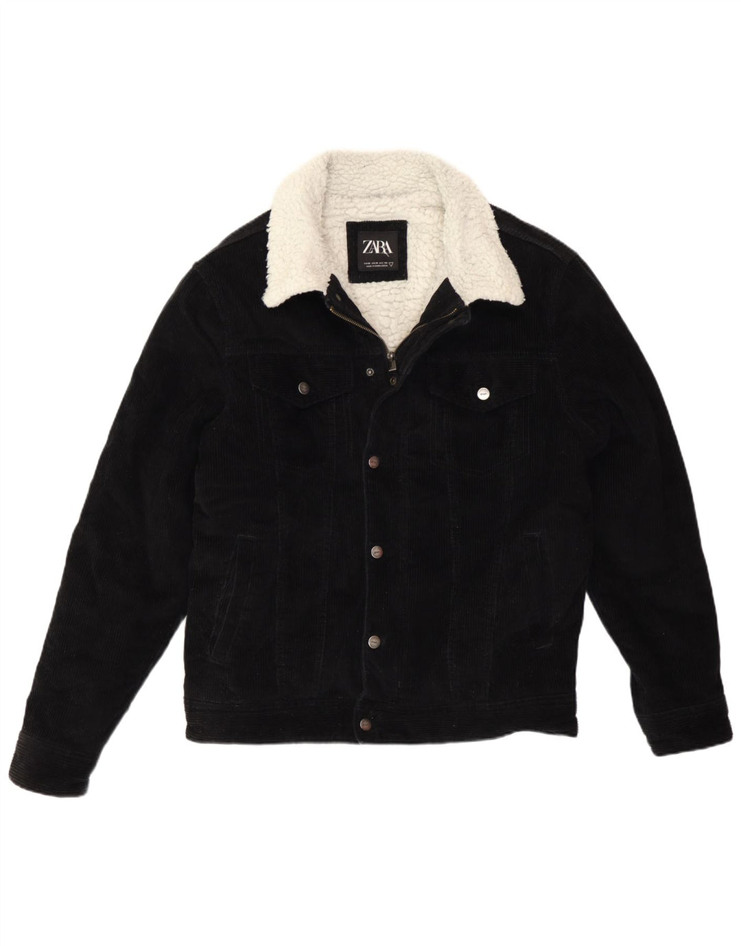 Zara Herre Sherpa Corduroy-jakke UK 38 Medium Sort Bomuld