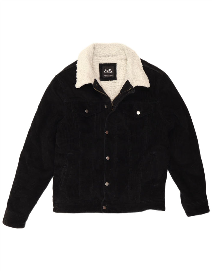 Zara Herre Sherpa Corduroy-jakke UK 38 Medium Sort Bomuld