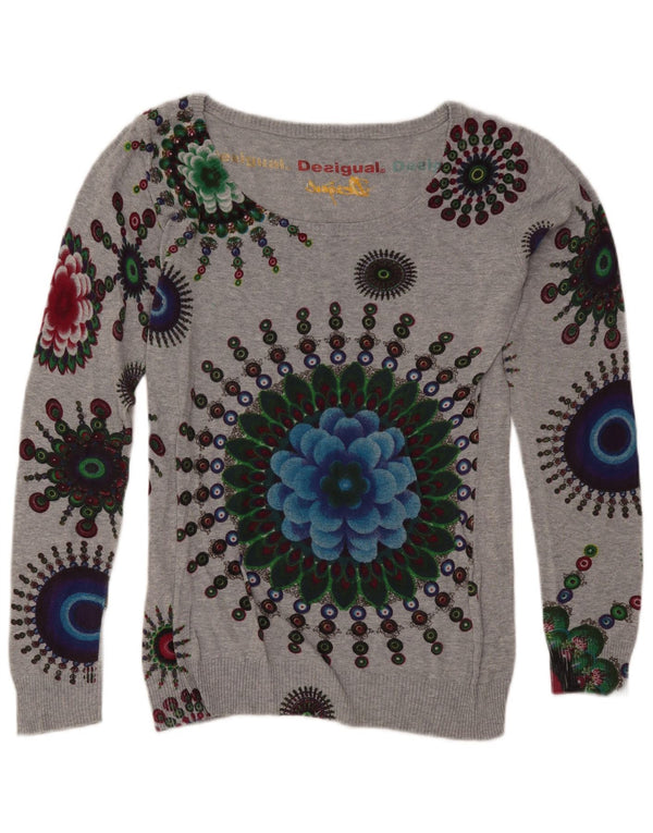 DESIGUAL Womens Graphic Boat Neck Jumper Sweater UK 16 Large Grey Floral
