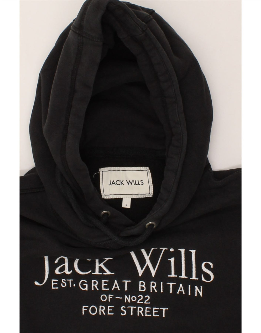 JACK WILLS Mens Graphic Hoodie Jumper Small Black Cotton Vintage Jack Wills and Second-Hand Jack Wills from Messina Hembry 