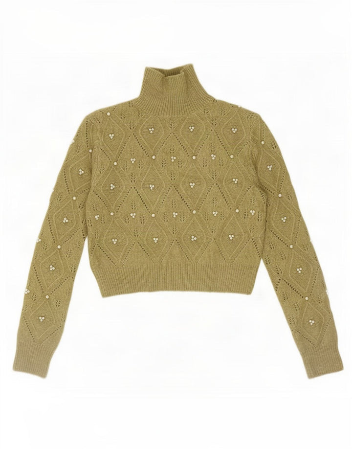 Zara Dame Turtle Neck Jumper Sweater UK 12 Medium Khaki Argyle/Diamond