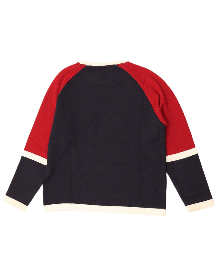 Vintage Herre rund hals sweater lille marineblå Colourblock Uld