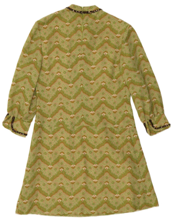Vintage kvinders 3/4 ærmer A-line kjole UK 12 Medium Green Chevron