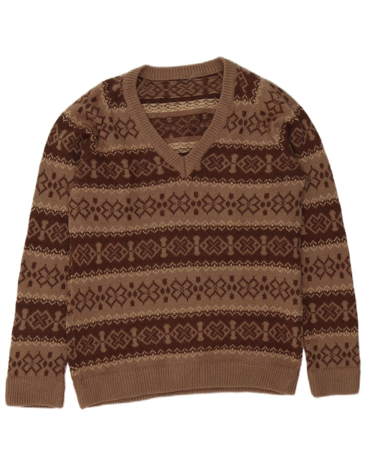 Vintage Herre V-hals sweater Medium Brown Fair Isle