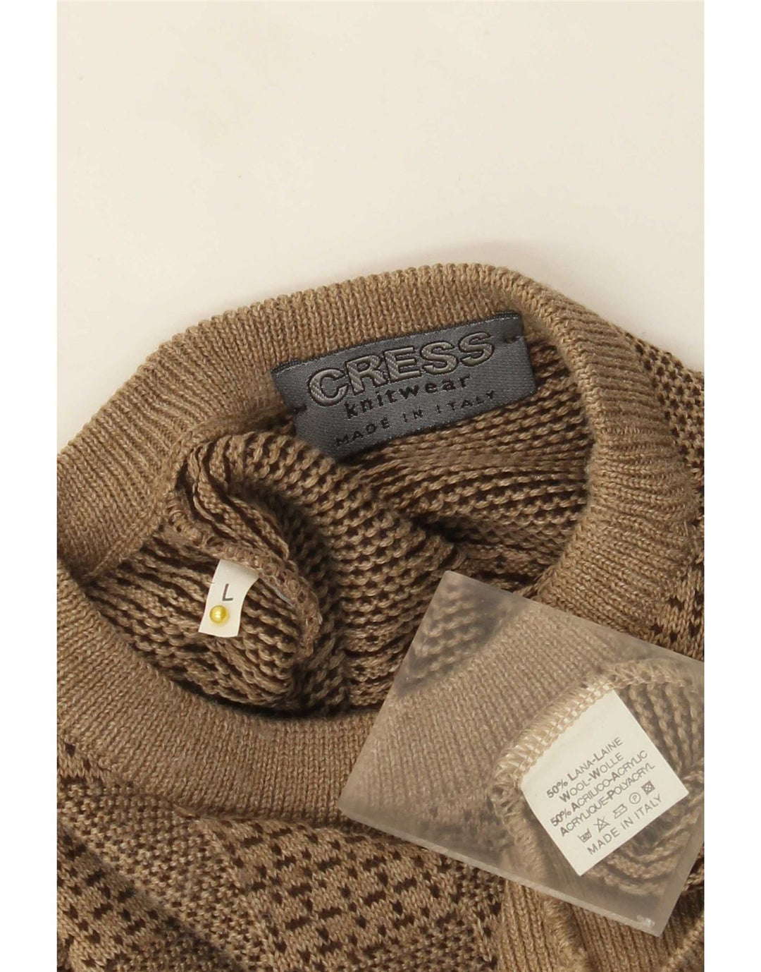 Vintage mænd med rund hals sweater stor beige geometrisk uld