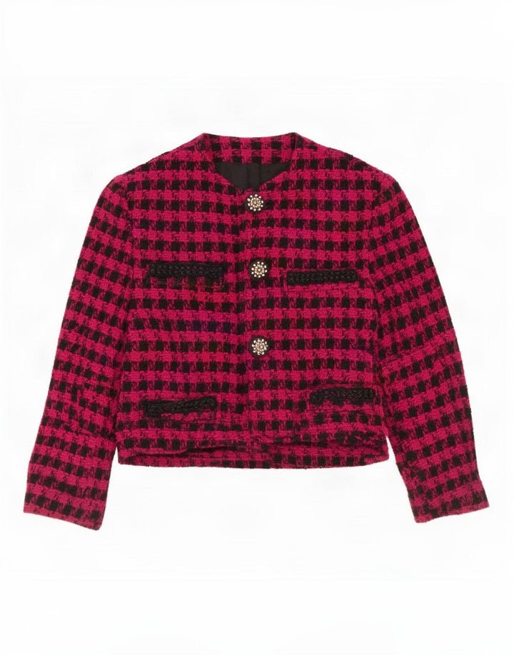Vintage 3/4-ærmet Bolero-jakke til kvinder IT 42 Medium Pink Houndstooth-uld