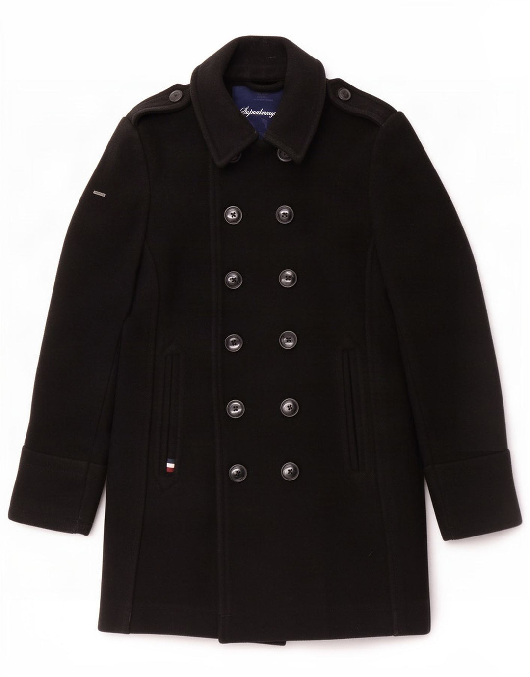 Superdry Herre Militær dobbeltradet frakke UK 40 Stor sort uld