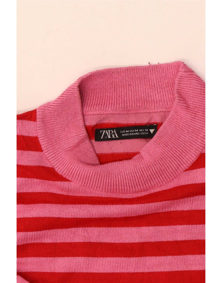Zara Dame Turtle Neck Jumper Sweater UK 12 Medium Pink Stribet
