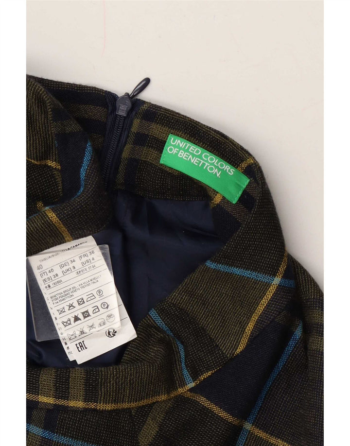 Benetton Womens Flared Skirt UK 8 Small W27 Khaki Check Viscose