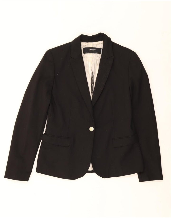 ZARA Dame 1 Knap Blazer Jakke UK 12 Medium Sort Bomuld