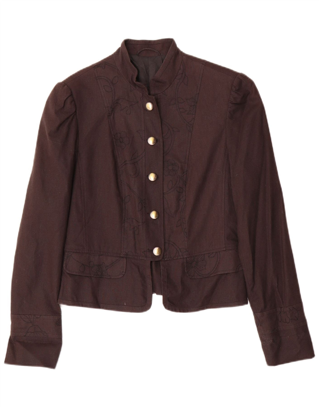 Vintage Dame 5 Button Blazer Jacket UK 10 Small Brown Floral Linen