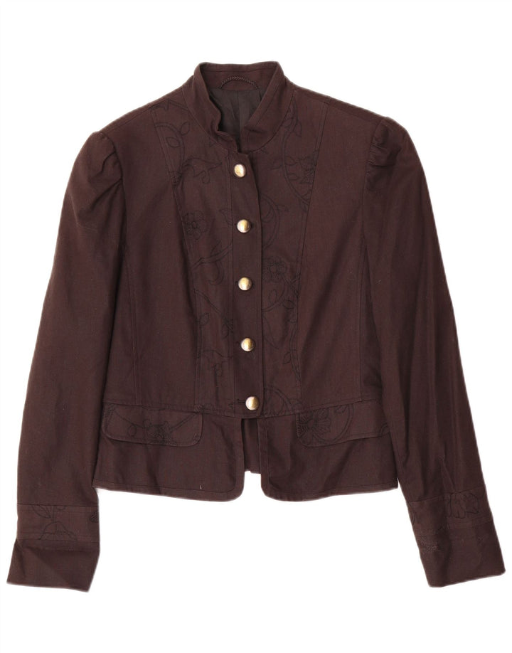 Vintage Dame 5 Button Blazer Jacket UK 10 Small Brown Floral Linen