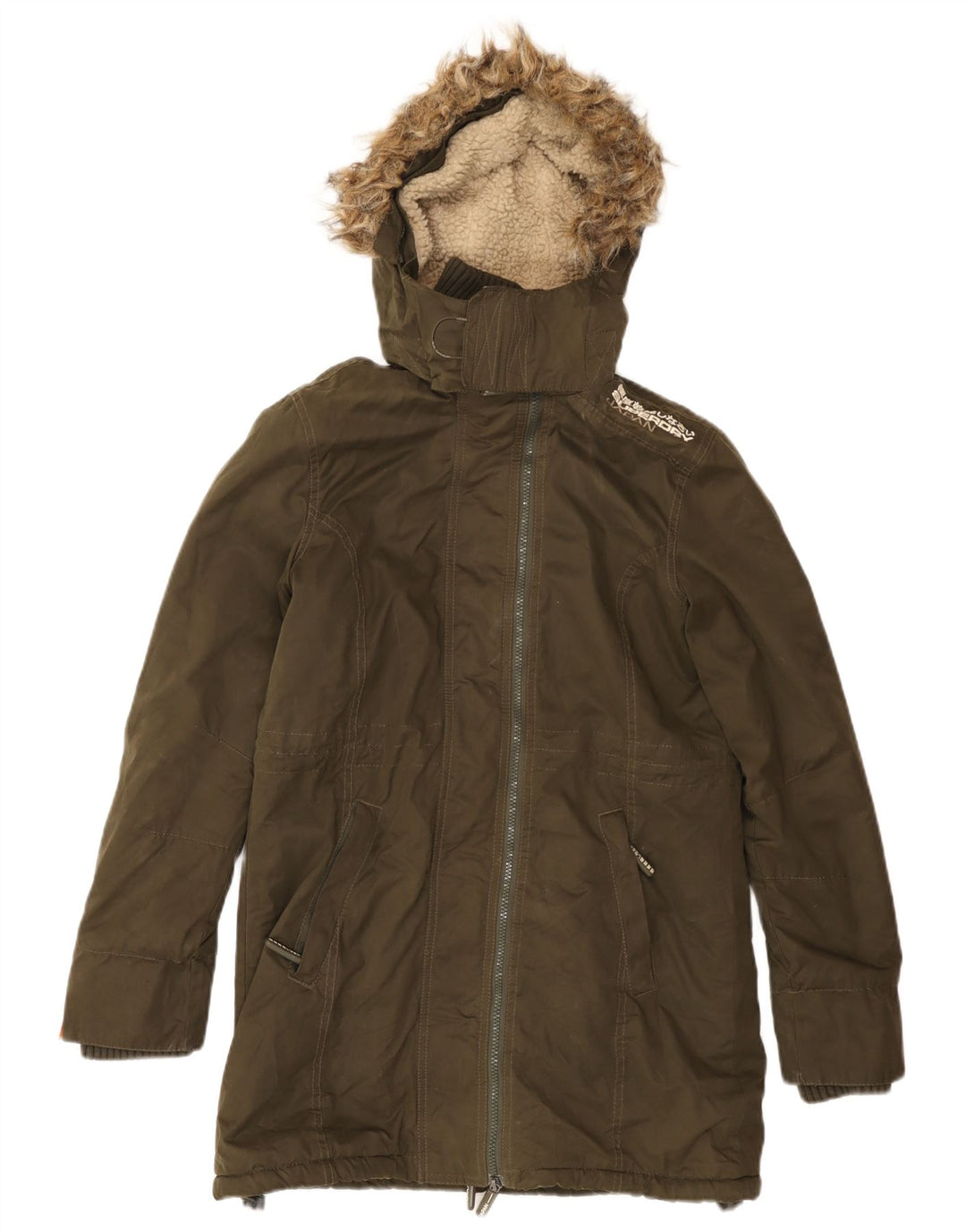 SUPERDRY Dame Grafisk Parkajakke med hætte UK 12 Medium Khaki Bomuld