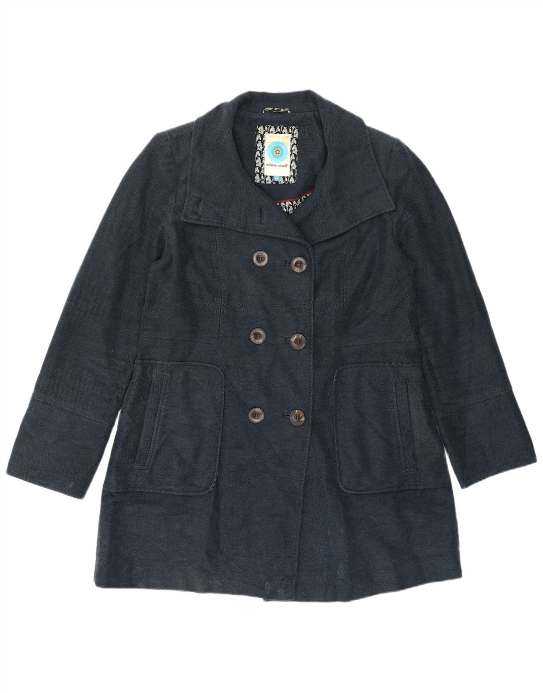 White Stuff Dame Dobbeltradet Frakke UK 14 Medium Navy Blue Bomuld