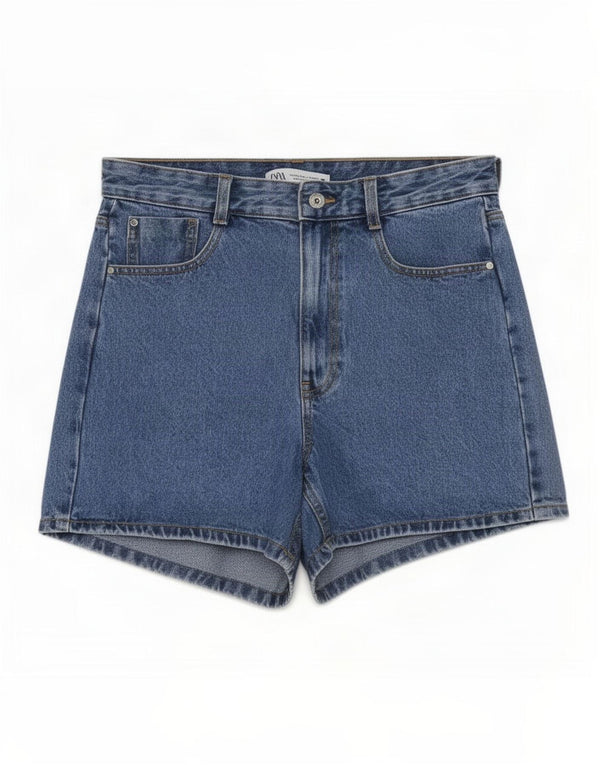 Zara Dame højtaljede denimshorts EU 38 Small W28 Blue Cotton