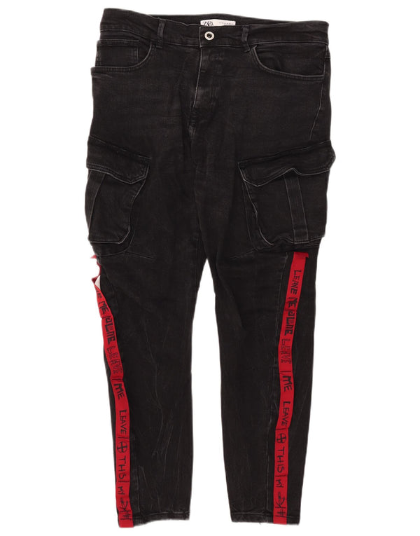 Zara Herre Graphic Cargo Slim Jeans EU 44 Large W34 L26 Black Colourblock