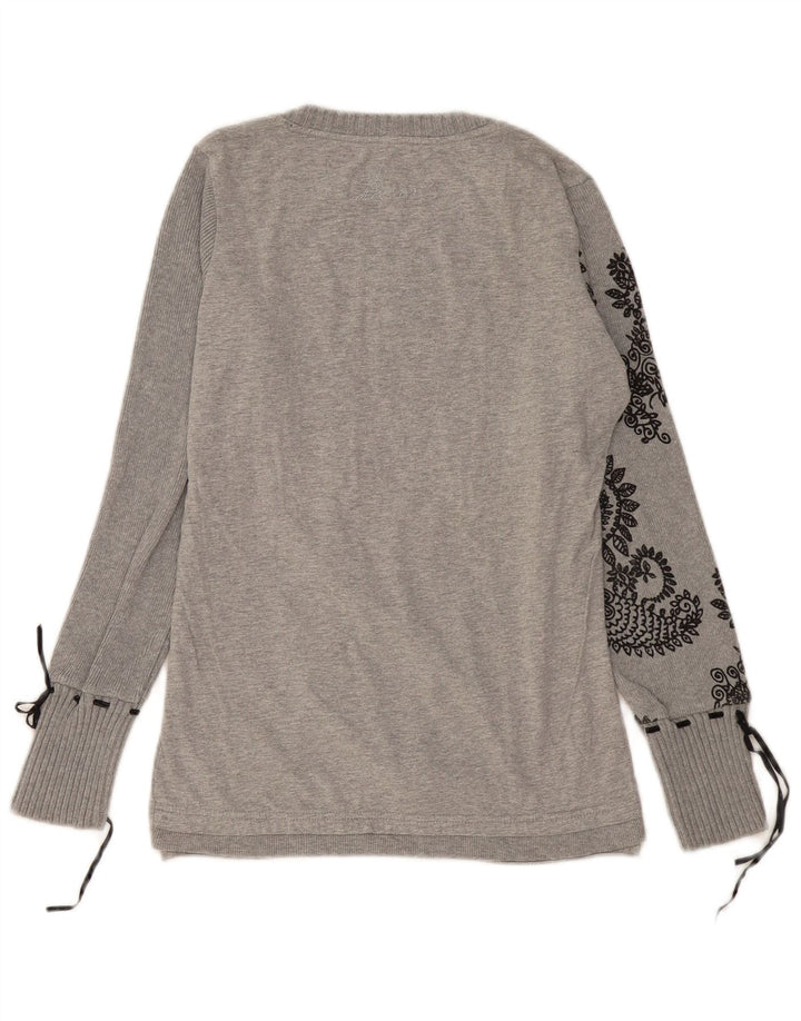 DESIGUAL Dame Grafisk Top Langærmet UK 12 Medium Grey Paisley Heart