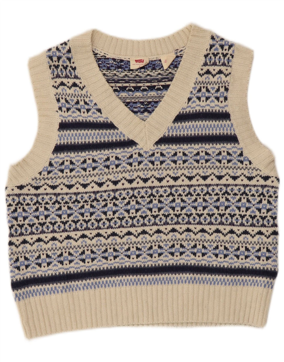 Levi's Dame Crop Vest Tank Top UK 12 Medium Blue Fair Isle Cotton