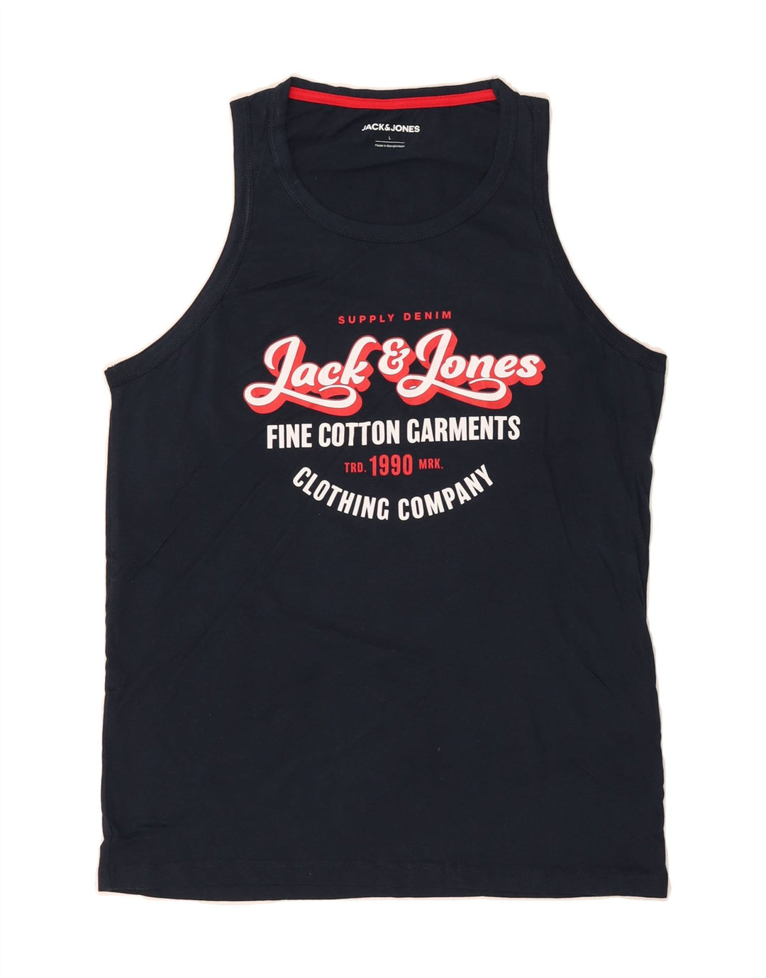 JACK & JONES Mens Graphic Vest Top Large Navy Blue Cotton Vintage Jack & Jones and Second-Hand Jack & Jones from Messina Hembry 