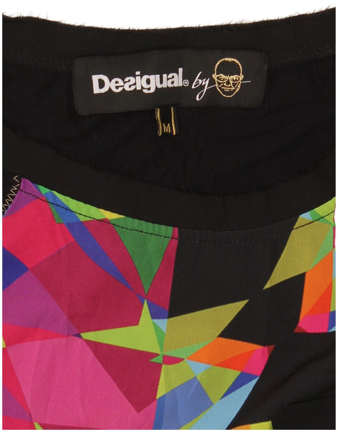 Desigual Dame T-Shirt Top UK 12 Medium Sort Geometrisk