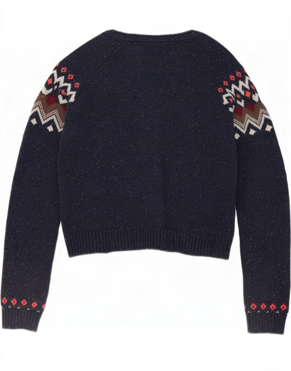 Fat Face Dame Cardigan Sweater UK 12 Medium Navy Blue Fair Isle Cotton