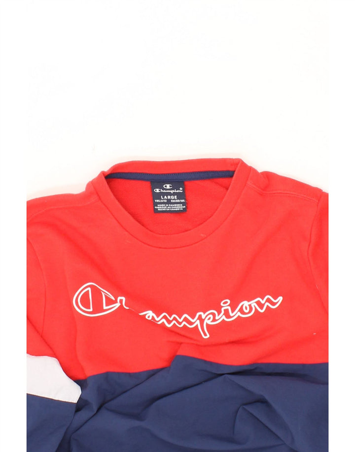 CHAMPION Boys Sweatshirt Jumper 11-12 Years Large Navy Blue Colourblock Vintage Champion and Second-Hand Champion from Messina Hembry 