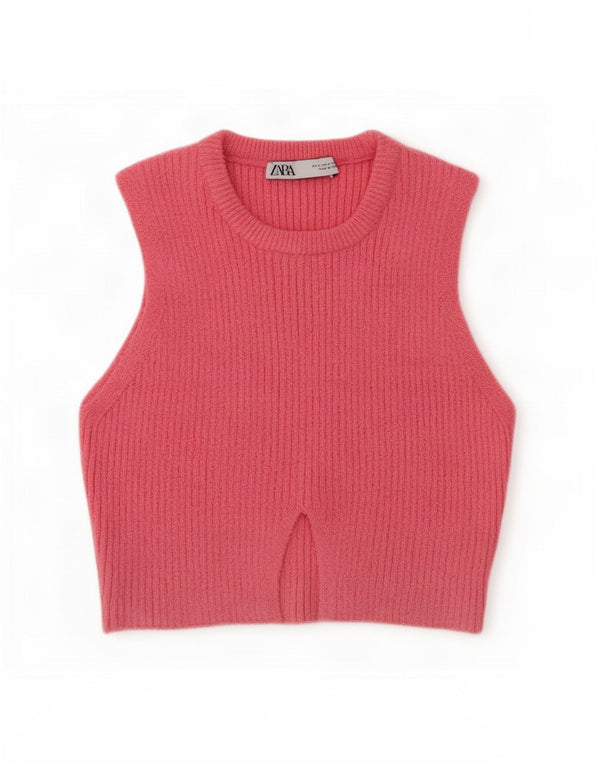 Zara Womens Crop Vest Tank Top UK 8 Small Pink Bomuld