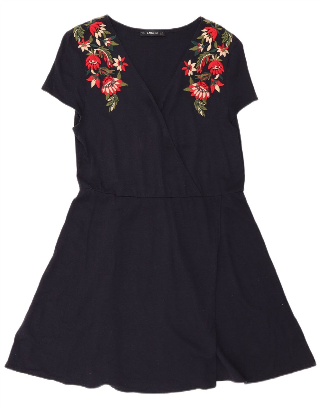 Zara Dame A-Line Kjole UK 12 Medium Navy Blue Floral Bomuld