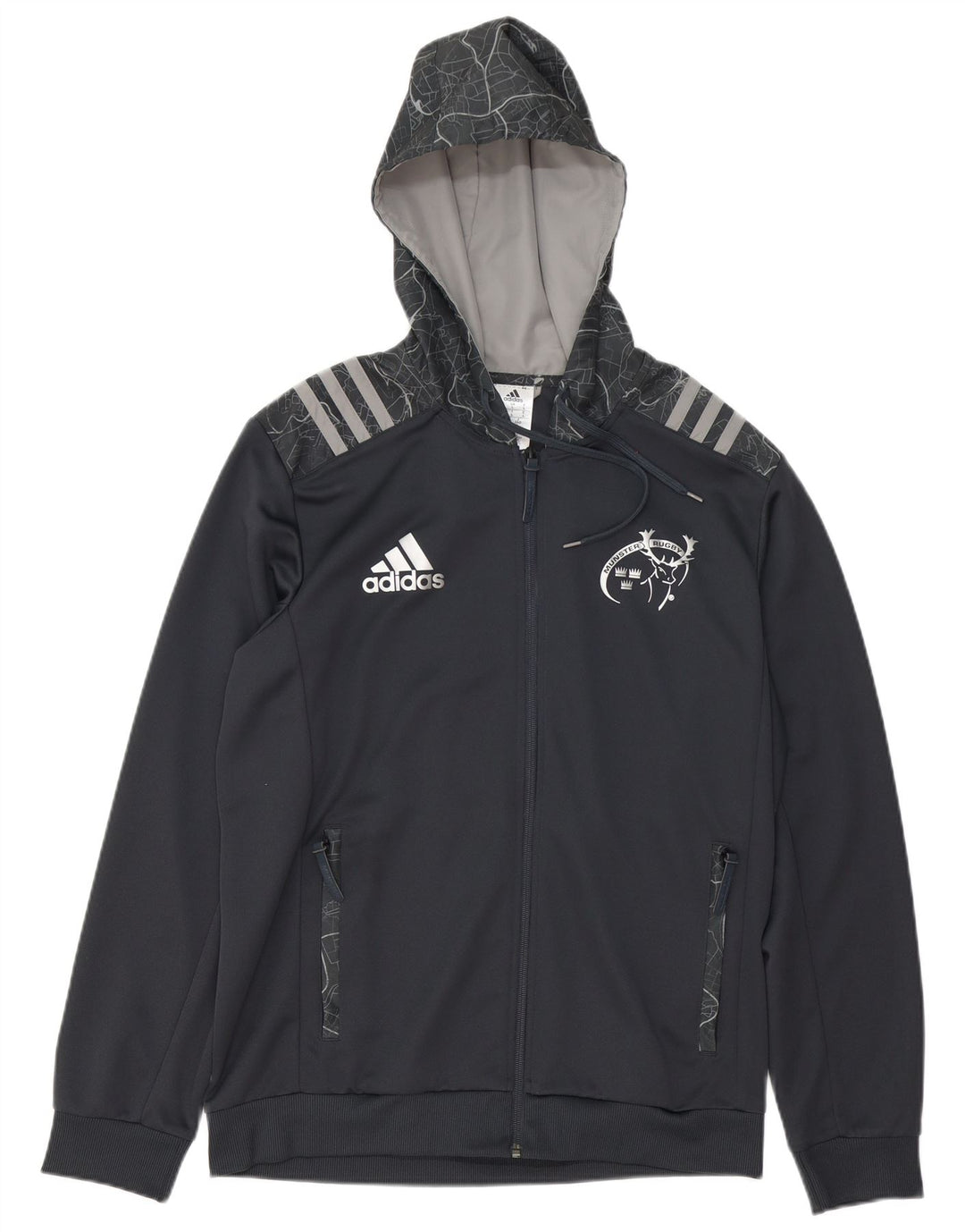 Adidas Herre Munster Rugby grafisk hættetrøje med lynlås Stor grå polyester