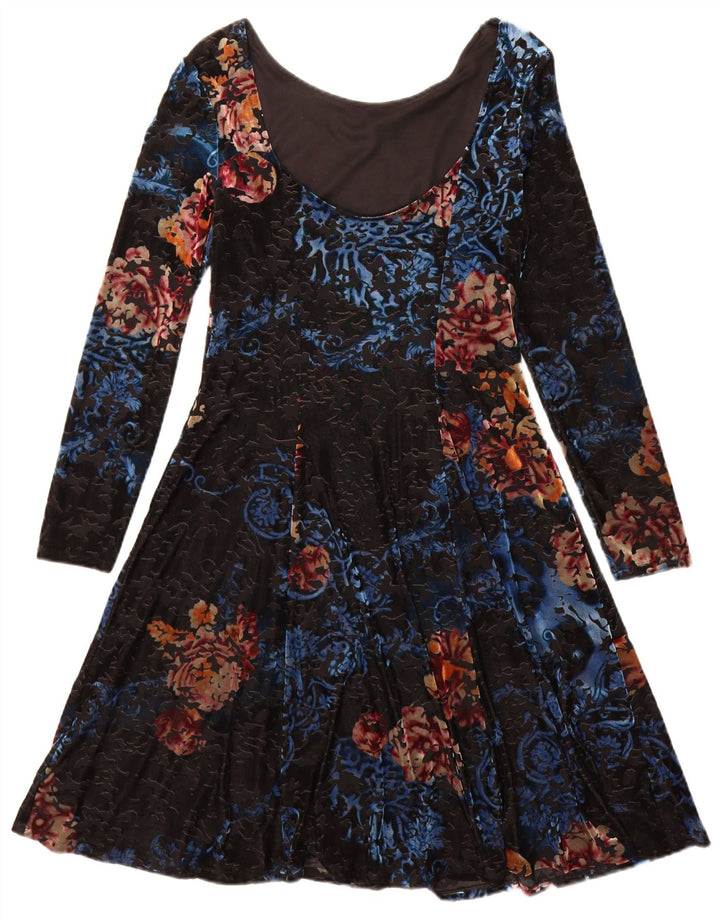 Monsoon Dame Langærmet A-Line Kjole UK 12 Medium Black Floral Polyester