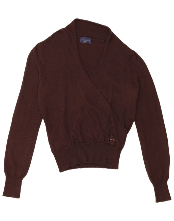 Trussardi Jeans Dame V-hals sweater UK 10 Lille brun polyamid