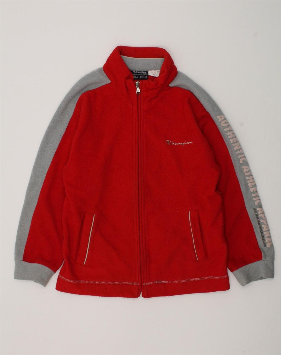 CHAMPION Boys Graphic Fleece Jacket 7-8 Years Red Colourblock Polyester | Vintage Champion | Thrift | Second-Hand Champion | Used Clothing | Messina Hembry 