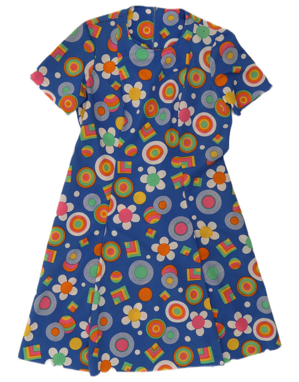 Vintage Dame A-Line Kjole UK 12 Medium Blue Floral