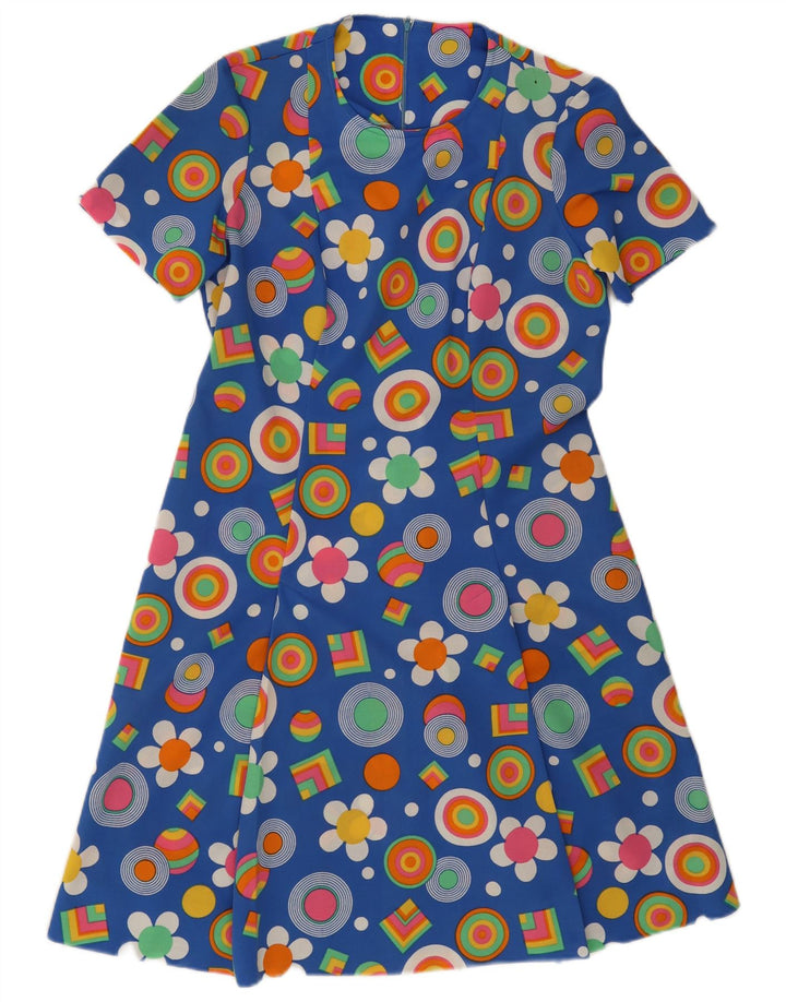 Vintage Dame A-Line Kjole UK 12 Medium Blue Floral